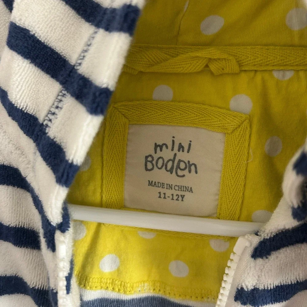 Mini Boden Boys Terry Cloth Striped Zip Up Jacket with Hood 11-12Y